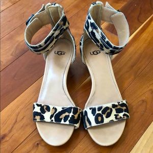 UGG leopard print, back zip, ankle strap wedges 7